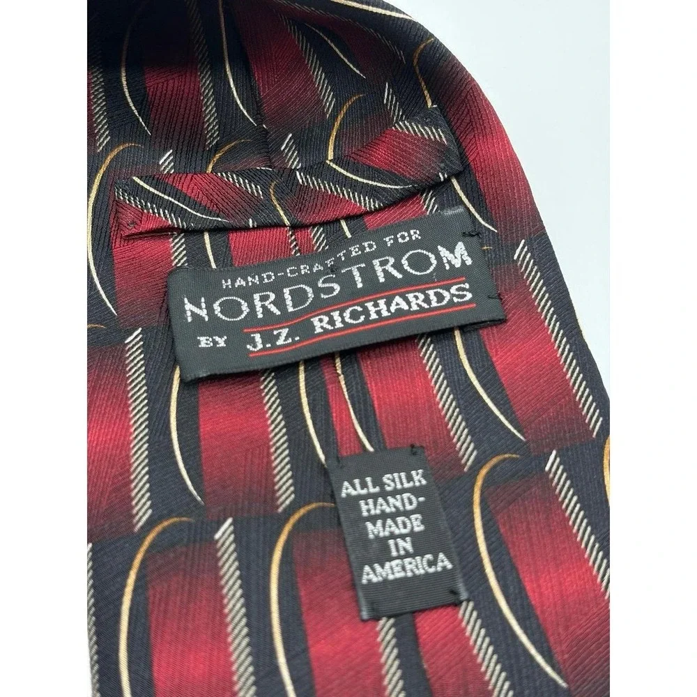 J.Z. Richards, Nordstrom, Silk Necktie, Made in USA, Geometric, Maroon/Black